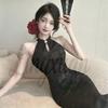 Elegant Off-Shoulder Qipao Evening Gown with Pearl Chain Accents