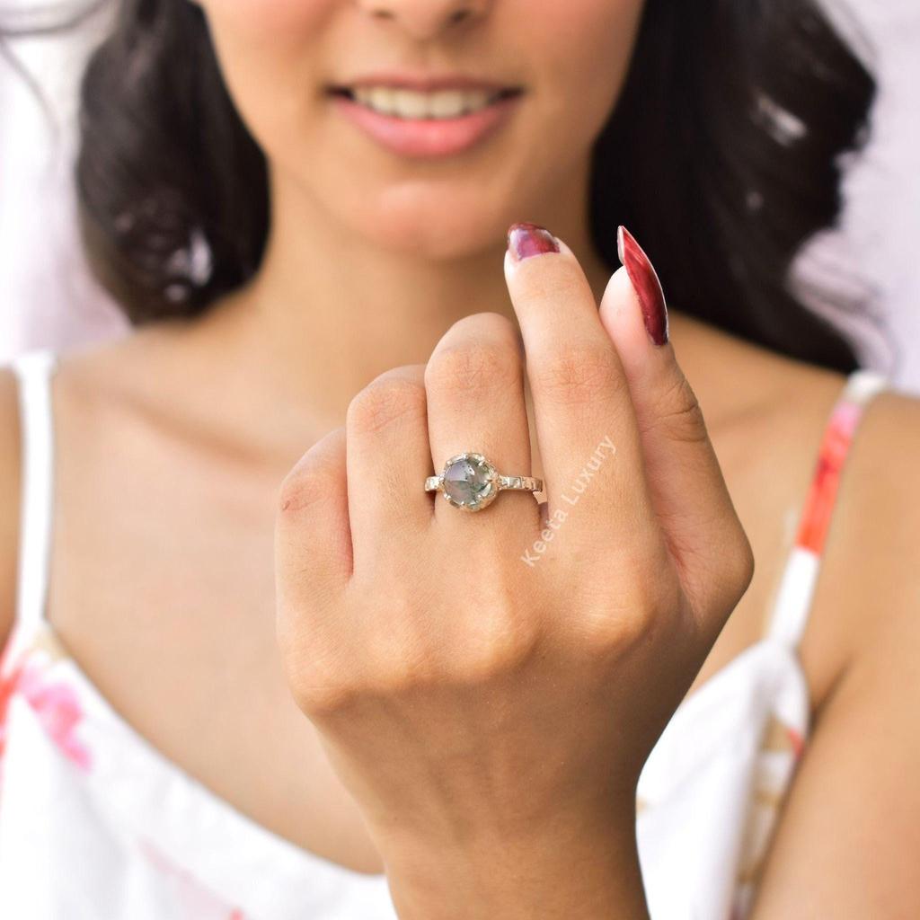 Moss Agate Dainty Ring , Nature Inspired Leafy Ring , Healing Gemstone Ring , Sterling Silver Handmade Ring , Bridesmaid Gift , Gift for Her