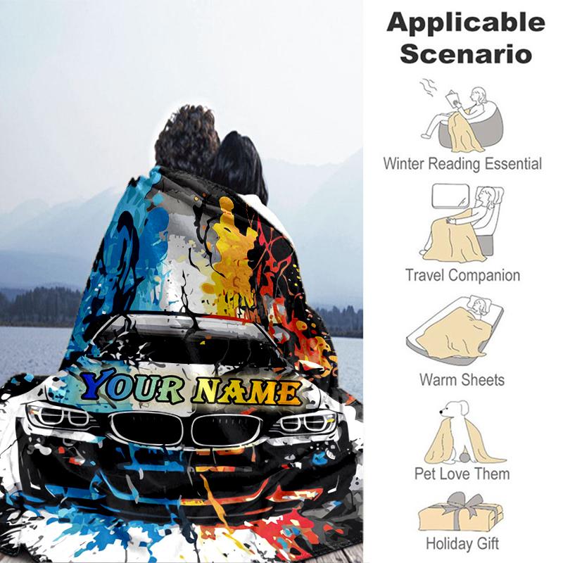 1PC Custom Name Car Artwork" Flannel Blanket Versatile, All-season Throw Suitable for the Living Room, Bedroom, Camping, Travel, and Gift