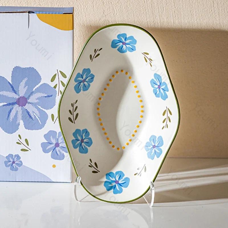 Light Luxury Flowers Ceramic Plates High End Restaurant Salad Dessert Plate Delicious Dishes Dining Plates Unique Home Tableware