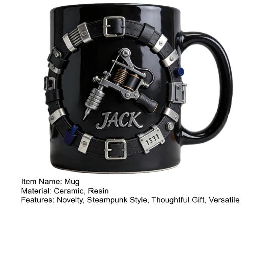 Personalized Tattoo Artist Mug 3D Tool Belt Coffee Cup with Tattoo Machines Details Industrial Steampunk Style Drinking Cup Gift for Artists