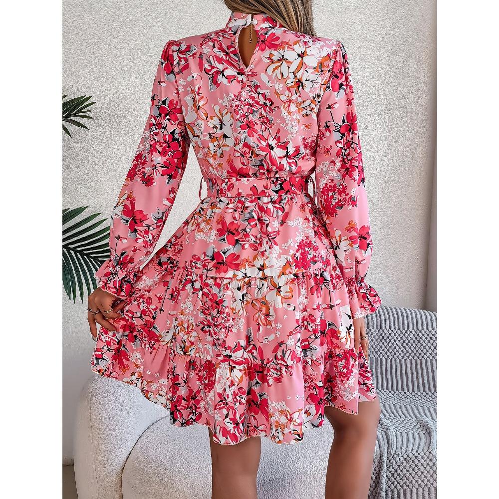 Robe Florale pour Femme Élégante Col Montant Floral Taille Marquée Manches Longues Volants Jupe A-Ligne