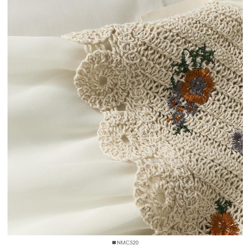 Spring Summer Crochet Top with Chiffon Flower Embroidery Long Sleeve Square-neck Fake Two-Piece Blouse Hook Flower Hollow Top Sunscreen