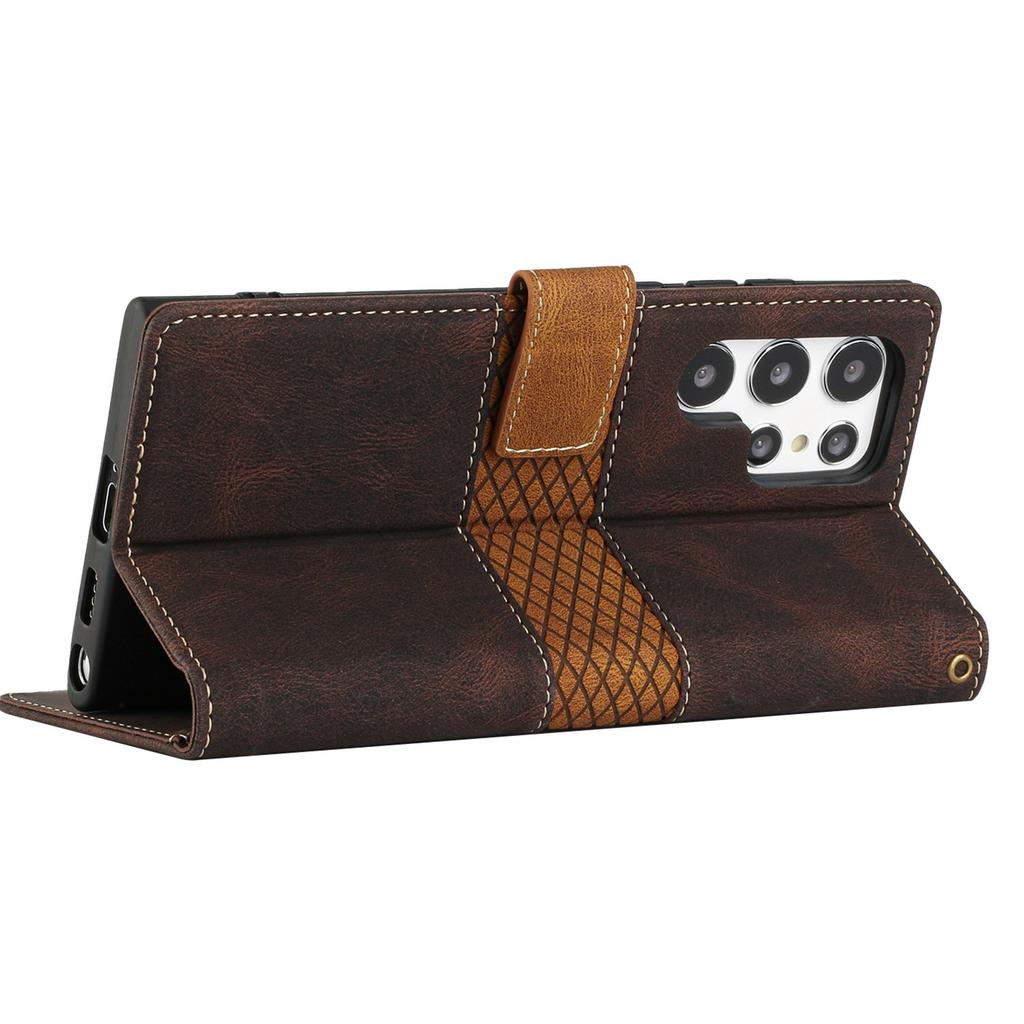 Phone Case for Samsung Galaxy S24 Ultra Grid Splicing Stand PU Leather Wallet Phone Cover with Strap