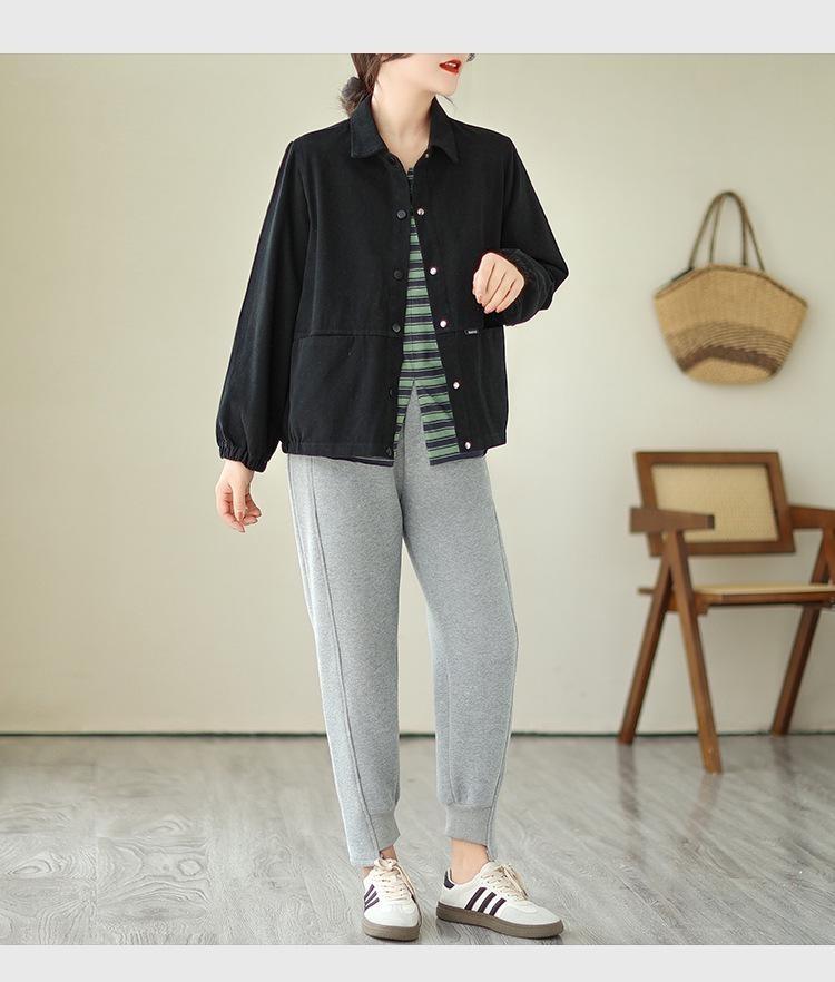 Baumwolljacke für Damen im koreanischen Stil, vielseitig, locker, schlankmachend, lange Ärmel, einfarbig, Umlegekragen