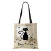 Women Handbag Linen Totes with Cat Print Casual Traveling Beach Gift Bags KTY