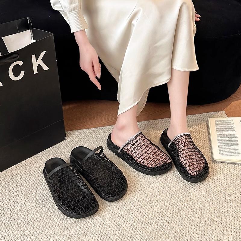 French hollow breathable mesh yarn bag head half slippers summer wear a pedal thick-soled fishing net boken heel shoes