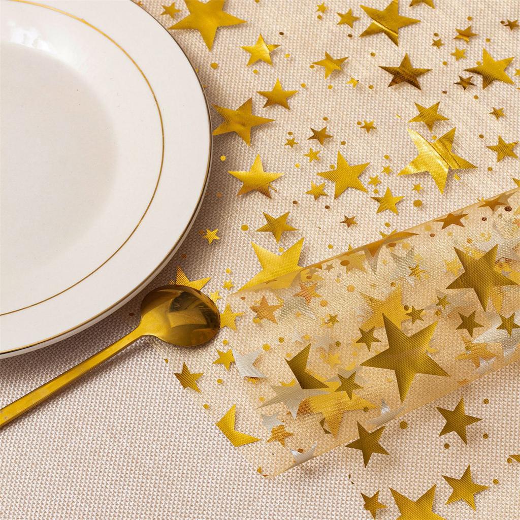 Star Themed Table Runner Polyester Gold Foil Detailing Suitable for Banquets Wedding Anniversary Decoration 5M Length