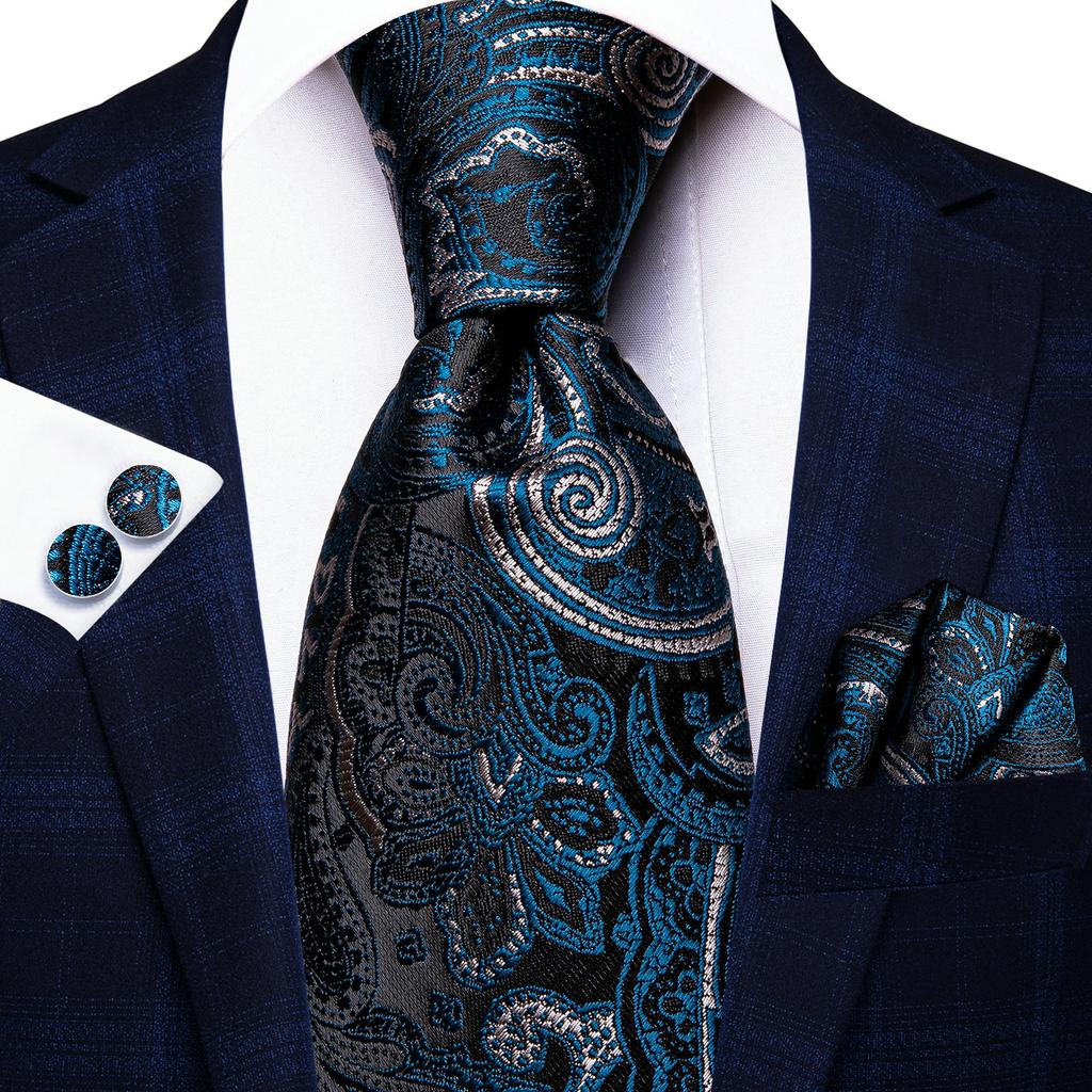 Hi-Tie Fashion férfi kék Paisley nyakkendő Hanky ​​mandzsettagombok üzleti esküvőre