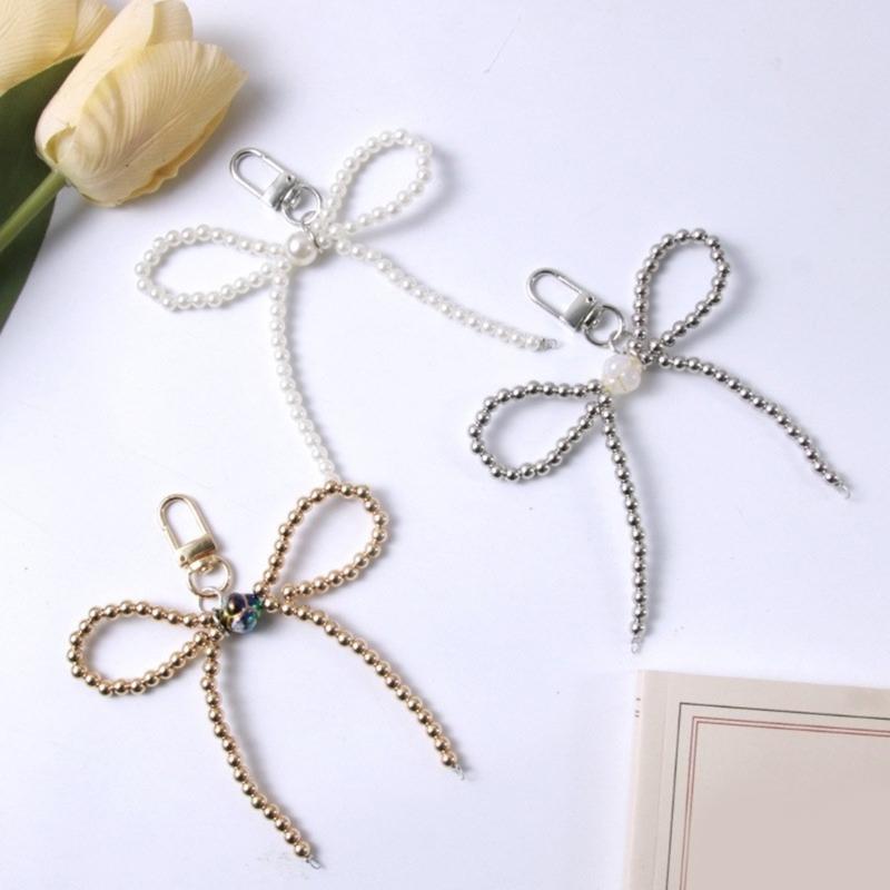 Fashion Beaded Bowknot Charm Keychains Sweet Cool Pendant Ornament Keyring Backpack Decoration Jewelry for Women Girls