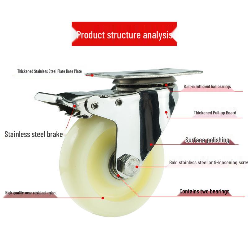 White Nylon Stainless Steel Casters: 3-5 inch Swivel, Fixed, with Brakes – Waterproof & Rustproof