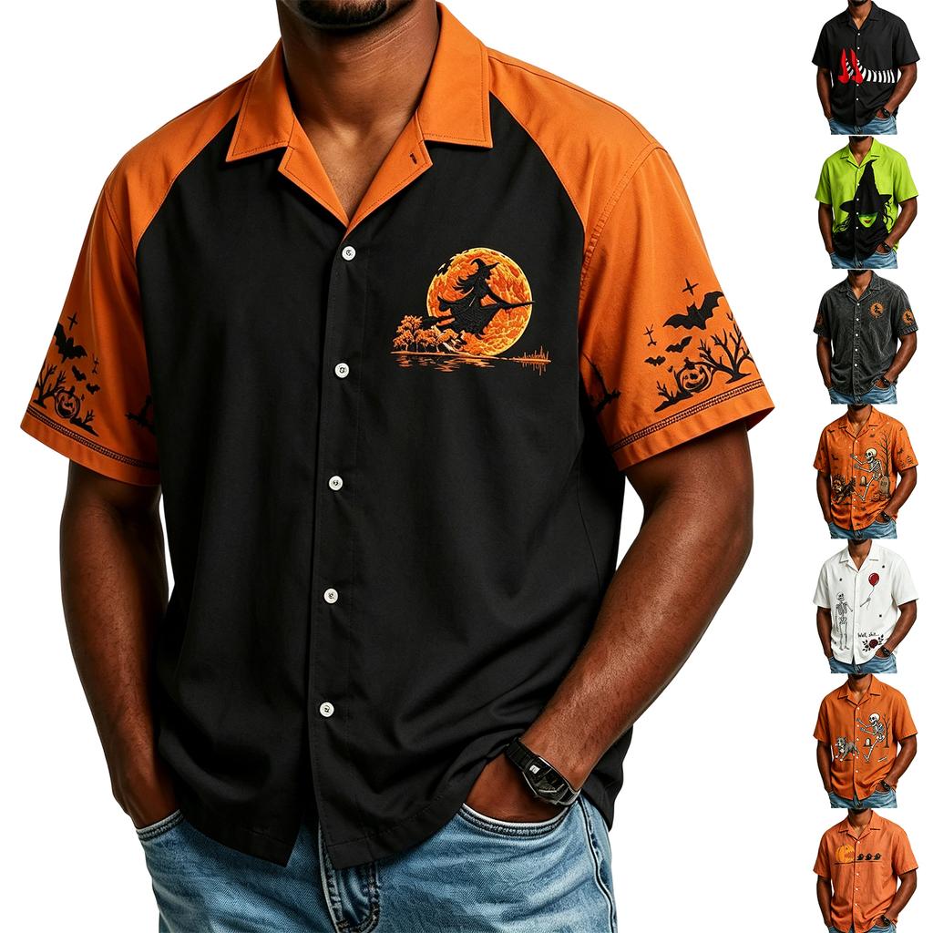 Men's Casual Halloween Print Short Sleeve Neck Shirt, Lightweight and Breathable