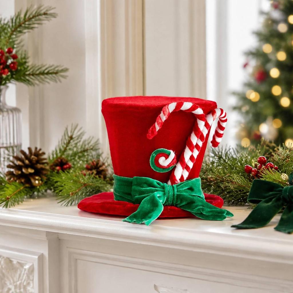 Velvet Top Hat with Sucker Easy Storage Christmas Freestanding Tabletop Ornament Bow