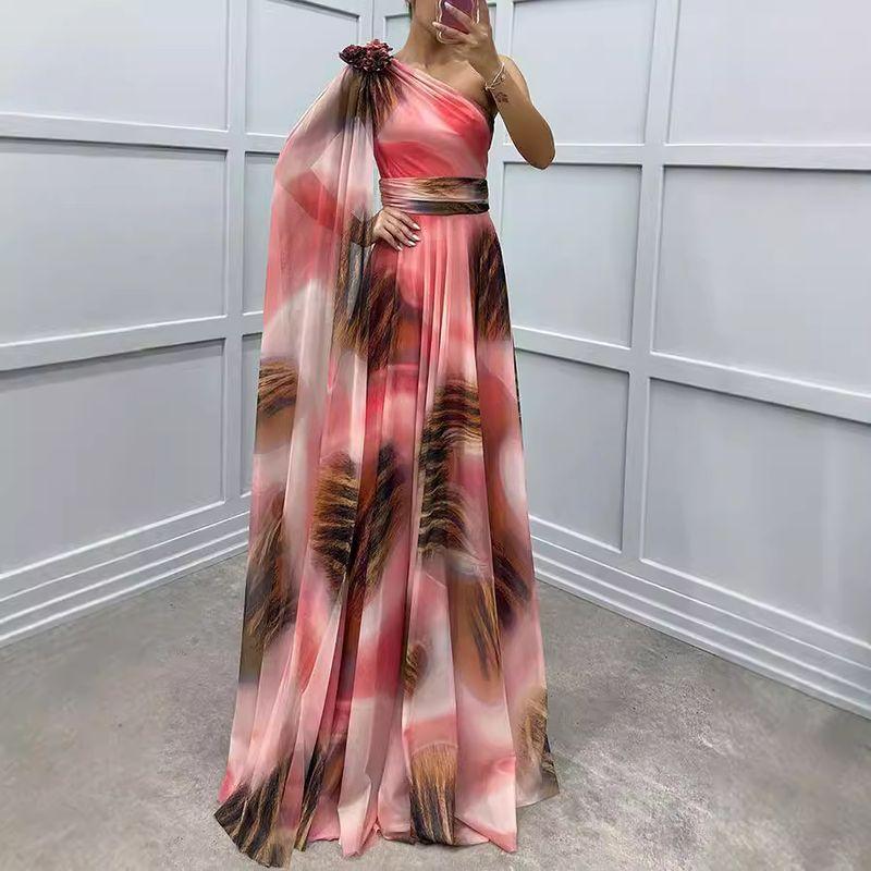 

European and American Autumn and Winter Host Party dress Sloping Shoulder One-Shoulder Sleeve Party Dress Women Party Dress Pink L