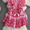 Lato wybiegu czerwona niebieska porcelanowa sukienka damska dekolt w serek rozszerzane rękawy guziki z falbankami kwiatowy nadruk plażowe mini sukienki