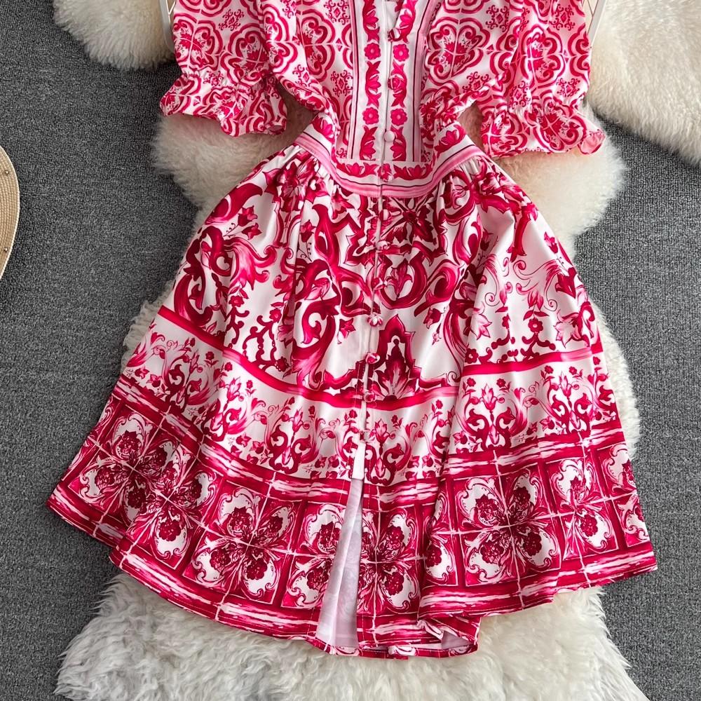 Sommer Runway Rot Blau Porzellan Partykleid Damen V-Ausschnitt Flare Ärmel Rüschen Knöpfe Blumendruck Strand Minikleider