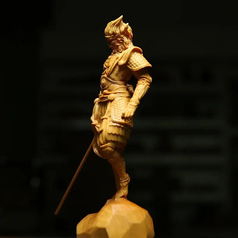 C666 Naturligt massivt trä Battle Buddha Apguden Sun Wukong Figur Staty Mytisk Apa Hem Rum Kontor Feng Shui Staty