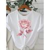 Europäische Größen Damen weißes T-Shirt-Rosen-Schmetterlings-Print Rundhals Kurzarm Oberteil weich atmungsaktiv Sommer Party Freizeit maschinenwaschbar elegant
