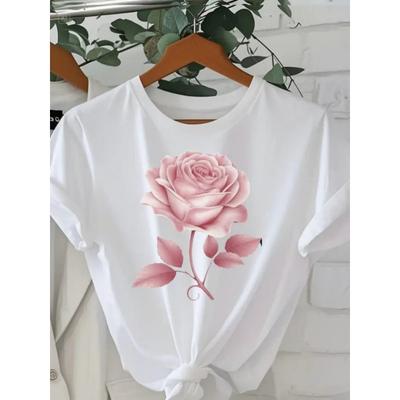 European Sizes Women's White T-shirt-rose Butterfly Print Round Neck Short Sleeve Top Soft Breathable Summer Party Casual Machine-washable Elegant
