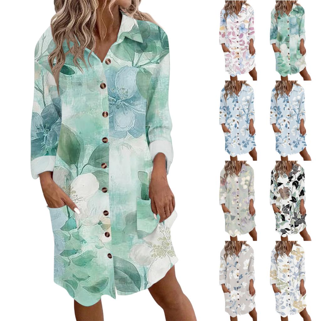 Women's Fashion Temperament Autun And Winter Button Lapel Pocket Long Sleeve Floral Print Dress