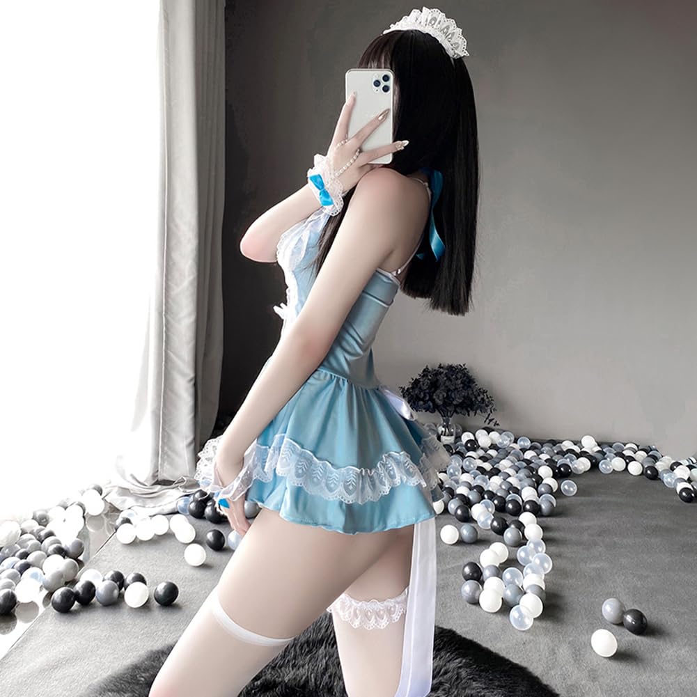 Cosplay Maid Erotic Extreme Cute Blue White Maid Cosplay Innocent Style One Piece Baby Doll Temptation Women Adult Costume Christmas Day Anniversary