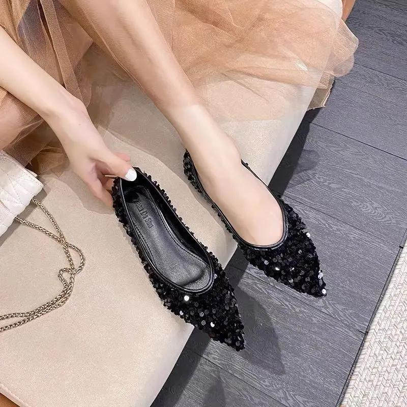 Fashion Women's Flat Shoes Pointed Toe Silver Elegant Party Black Ladies Footwear Low Heel Luxury Brand Fashionable Slip On Promotion 39