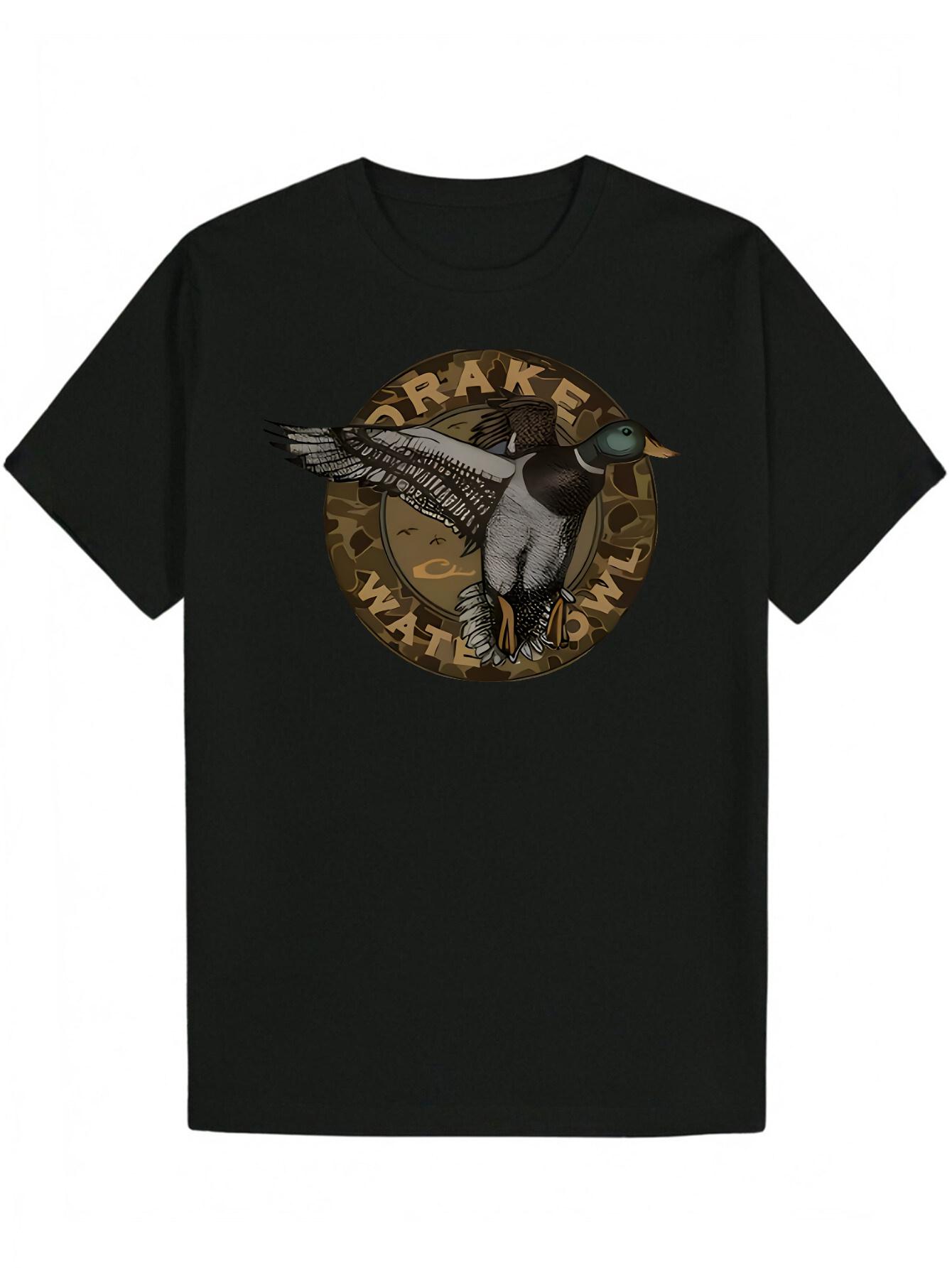 Crew Neck Polyester Animal Graphic T-shirt - Duck Design with DRAKE WATER Text S