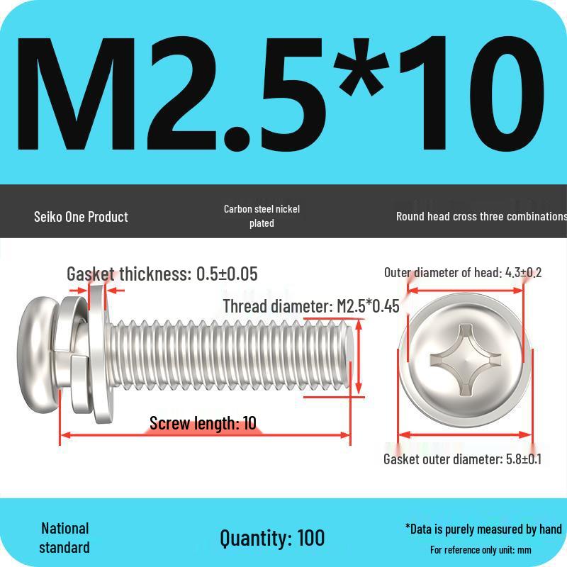 Nickel-Plated Phillips Pan Head Screw with Washer, M2-M6 Thread
