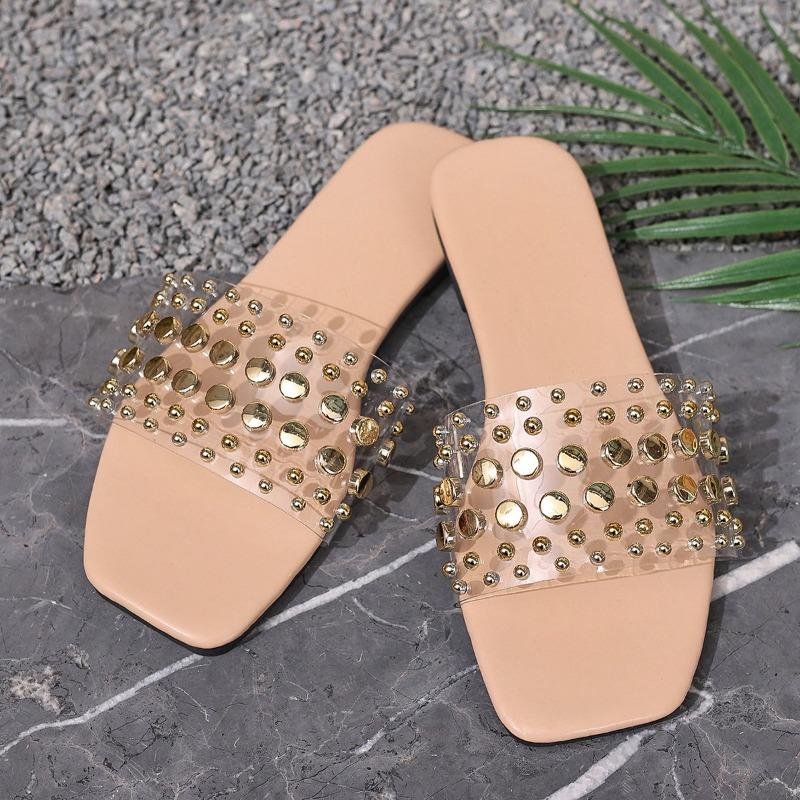Fashion Women's Flat Sandals Summer New Style Square Head Shallow Mouth Rivet Transparent with Soft Sole Non-slip Slippers