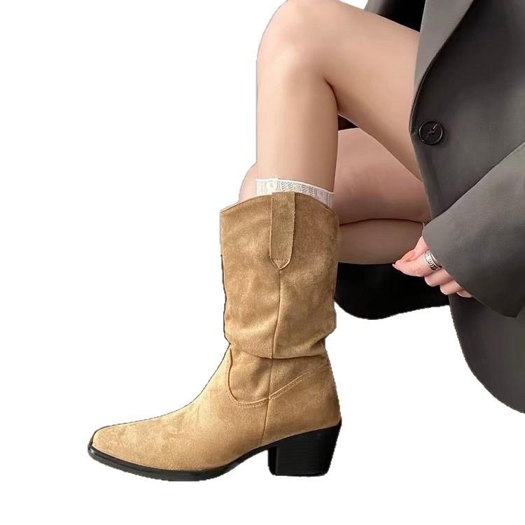 French thick-heeled short boots stacked boots autumn and winter new Maillard mid-tube western cowboy Martin boots women