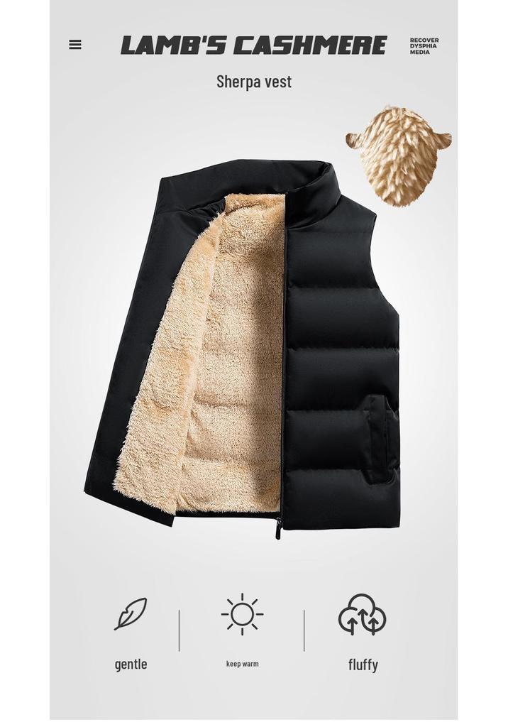 Men's Winter Stand Collar Lambswool Vest with Fleece Lining, Plus Size, Thick, Sleeveless Cotton Jacket