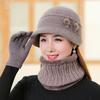 Neuer Damen Winterhut Dick Warmer Strickmütze Schal Handschuhe 2-teiliges Set Modehüte Mittelalterliche Mutter Blumen Kaninchenfell Fischerhut