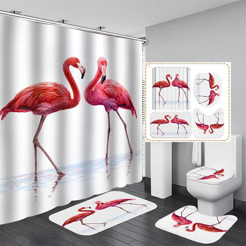 Pink Flamingo Tropical Leaves 3D Hd Shower Curtain Set Waterproof Polyester Bathroom Shower Curtain Set With Mat Non-Slip Rugs