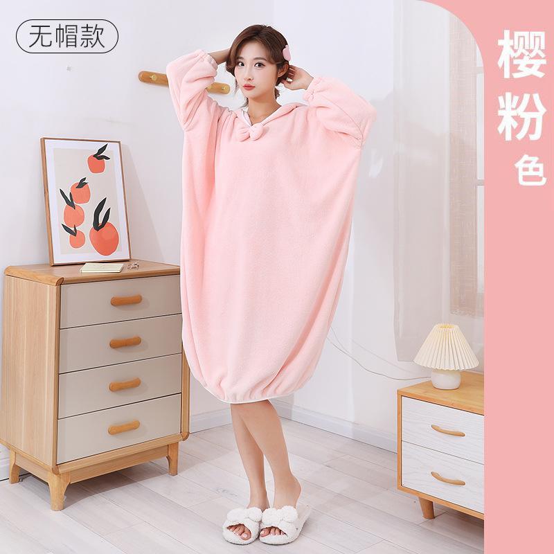 Women's Long Bathrobe Absorbent Bath Towel Coral Fleece Thickened Home Hooded Long Sleeved Bath Skirt