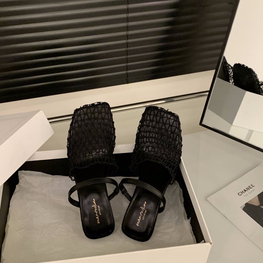 French woven mesh hollow bag head half slippers women's shoes wear 2025 summer wedge heel high heel Roman sandals