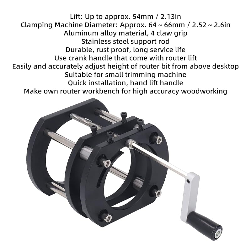 Router lift - lifting system for milling tables. Includes insert plates for woodworking. Compatible with small milling machines. Features 4 jaws and a