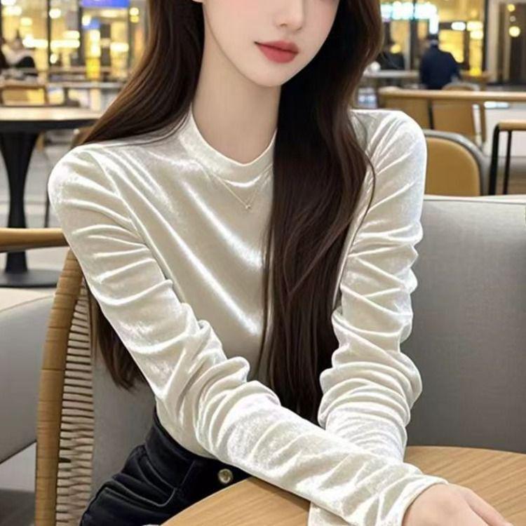 Cross2026 Elegant French Style Velvet Round Neck Slimming Long Sleeve Women's Top
