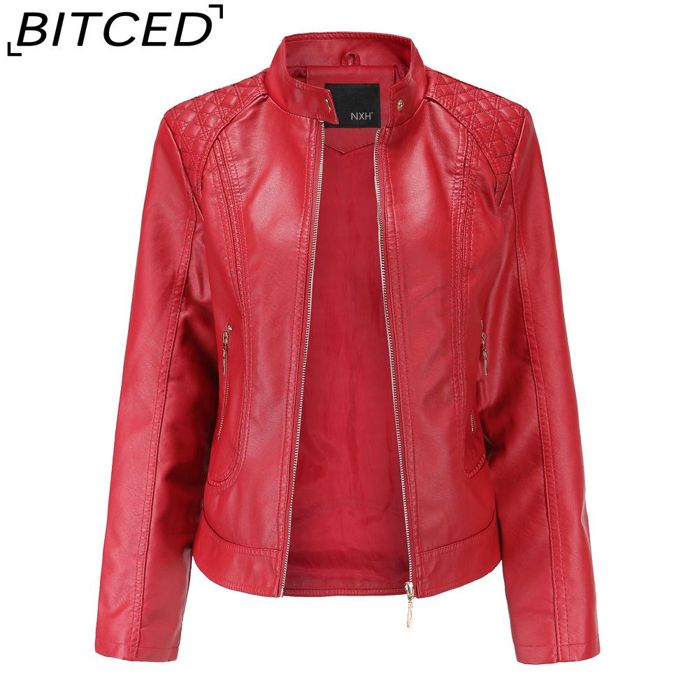 BITCED Spring/Autumn Women's Leather Jacket Women's Elegant Plus Size Stand Collar Leather Jacket