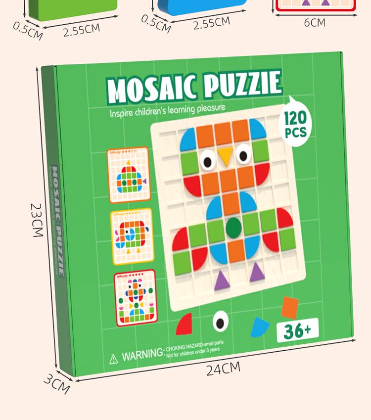 Mosaic 3D Wooden Puzzle Game for Kindergarten: Early Childhood Education and Intelligence Building Blocks.