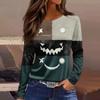 Women's Halloween Print Long Sleeve Top with Round Neck and Hem Slit for Casual Party Wear