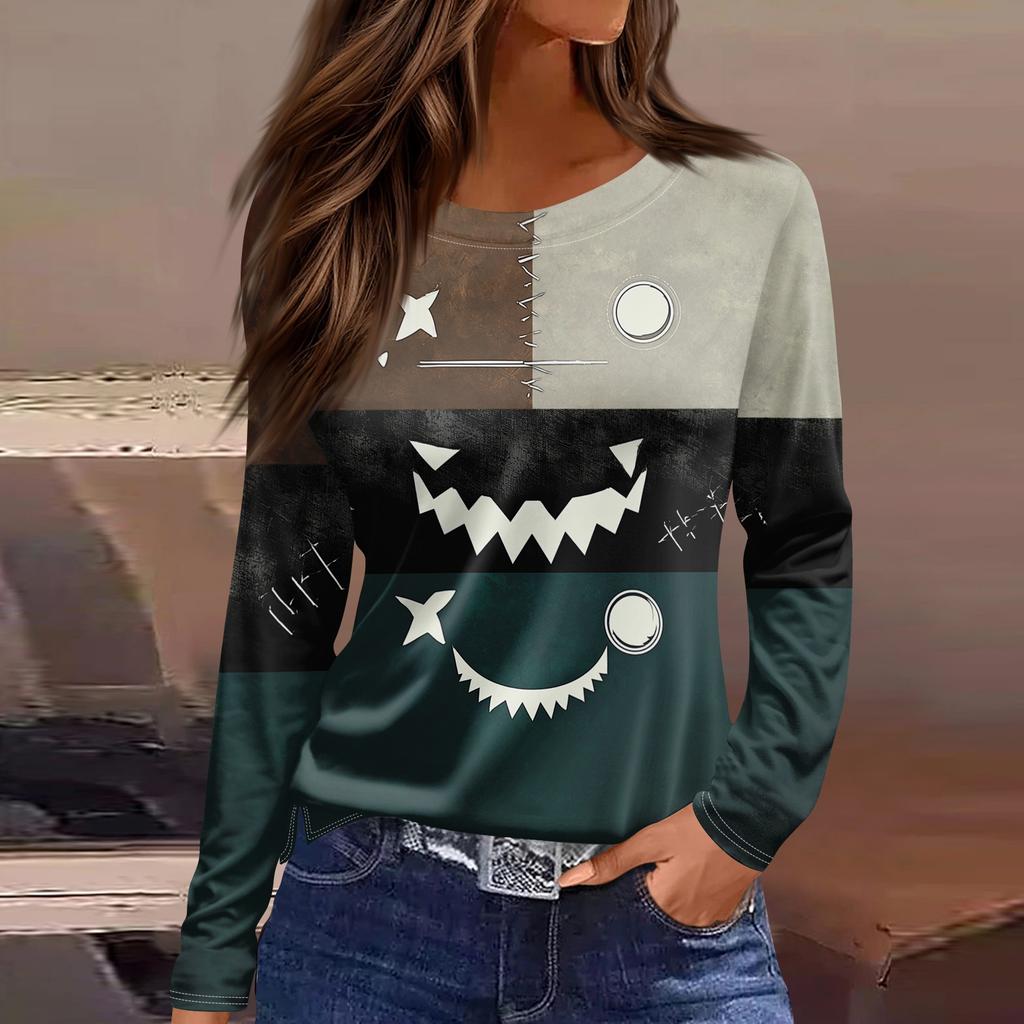 Women's Halloween Print Long Sleeve Top with Round Neck and Hem Slit for Casual Party Wear