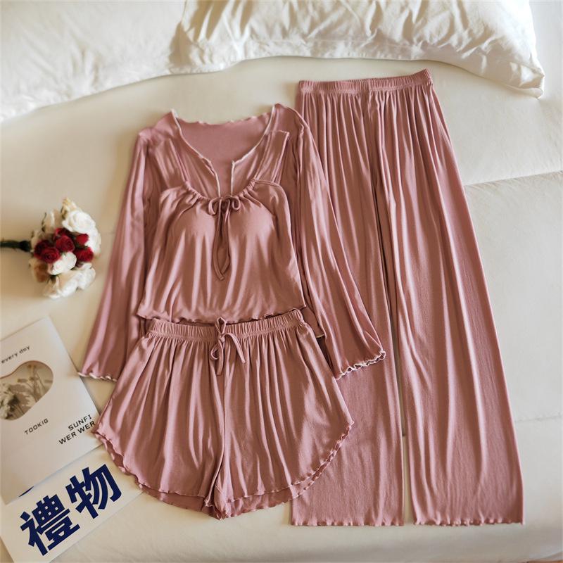 Women's Four-Piece Camisole Pajama Set with Built-in Bra, All-Season Modal Sleepwear