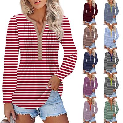 Women's Fashion Puff Sleeves Pleated V Neck Striped Printed T-Shirt Tunic Top