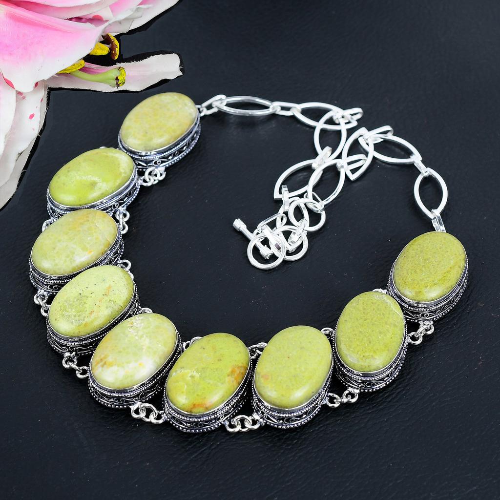 Swiss Green Opal Gemstone Handmade 925 Sterling Silver Jewelry Necklace 18" KG-1654