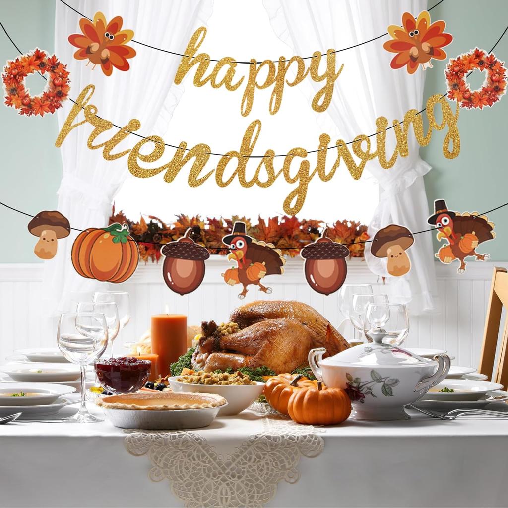 Happy Friendsgiving Banner Prestrung, Happy Thanksgiving Party Decorations, Friendsgiving Supplies for Party Home Office Mantel, NO DIY