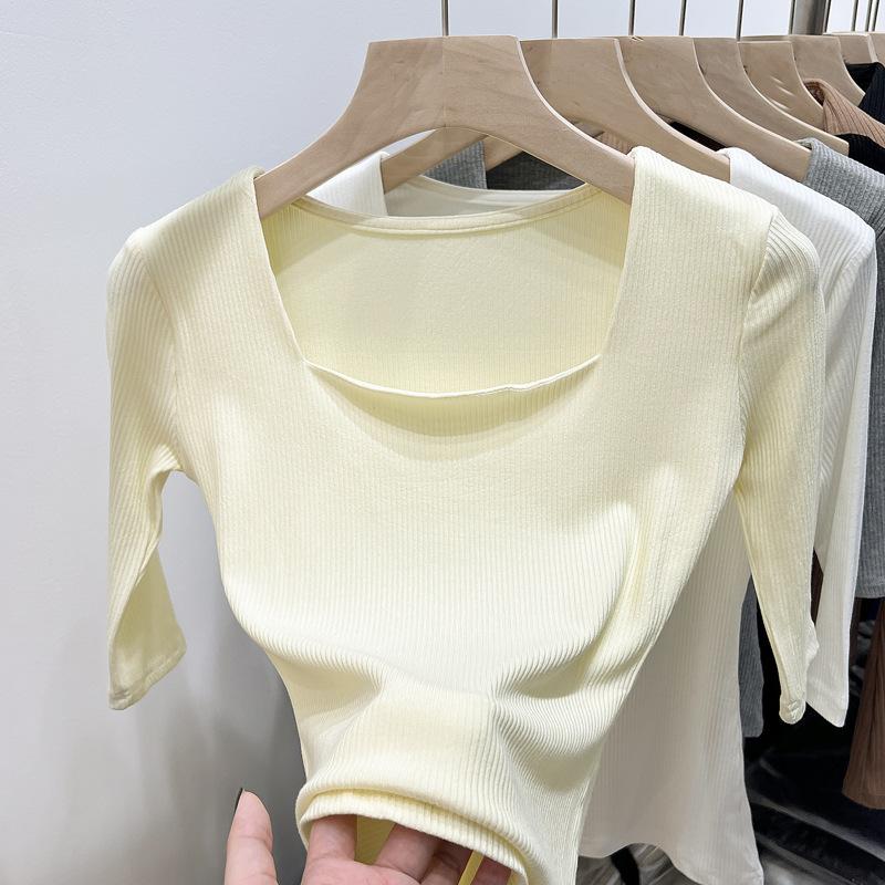 Black Square Collar Five-point Sleeve T-shirt for Women's Spring New Style for Korean Half-sleeved Top