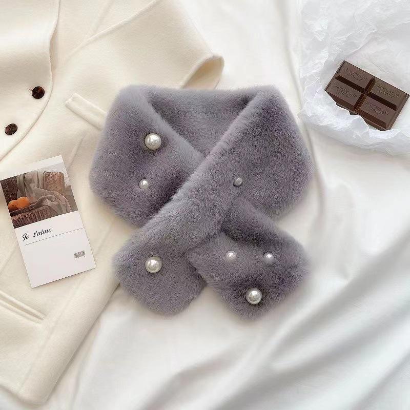 Women's Korean Style Imitation Rex Rabbit Fur Scarf - Versatile Autumn & Winter Thick Warm Pearl Cross Neck Warmer.
