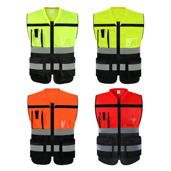 Men High-Visibility Reflective Vest V-neck Sleeveless Multi Pockets Design Waistcoat Clear ID Pocket Pen Holder Vest Coat