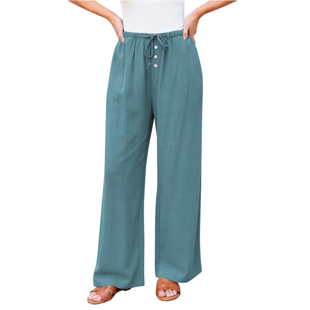 Women's Casual Fashion Cotton And Linen Drawstring Button Trousers