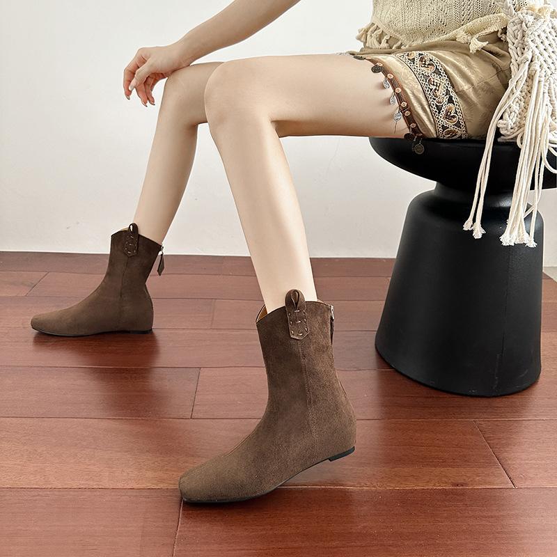 New suede medium boots retro thin boots square head western cowboy boots thick heel inner height increase short boots women